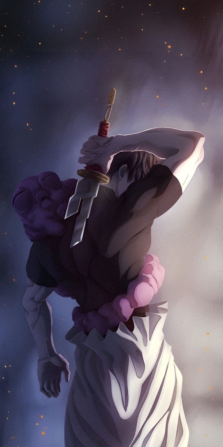 This striking Yuta Okkotsu wallpaper in 4K resolution is perfect for your iPhone, showcasing him clutching a katana with a crimson handle. The image features cosmic specks above and a cloud-like lavender aura around the subject.