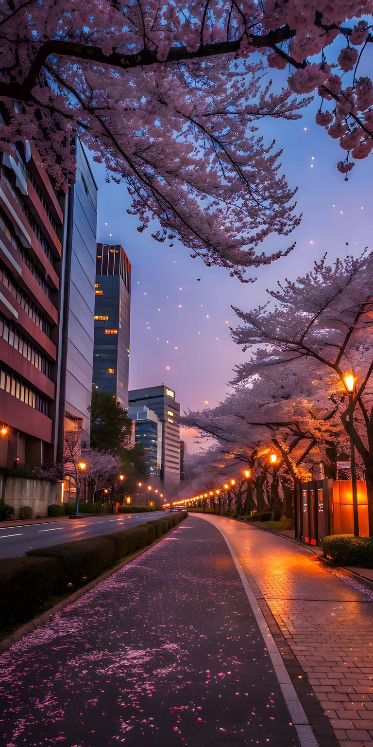 Decorate your iPhone with this 4K wallpaper depicting a vibrant urban street lined with pink cherry blossoms at dusk. This mobile wallpaper blends city architecture with spring nature for a beautiful, high-resolution look.