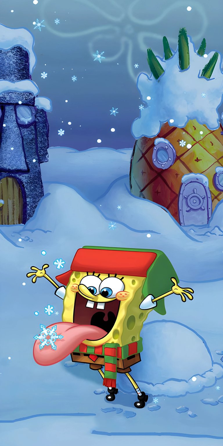Download this Spongebob 4K wallpaper for your iPhone, featuring Spongebob with his tongue out catching a snowflake, dressed in winter clothes, with his pineapple house covered in snow. This whimsical wallpaper will add some charm to your phone.