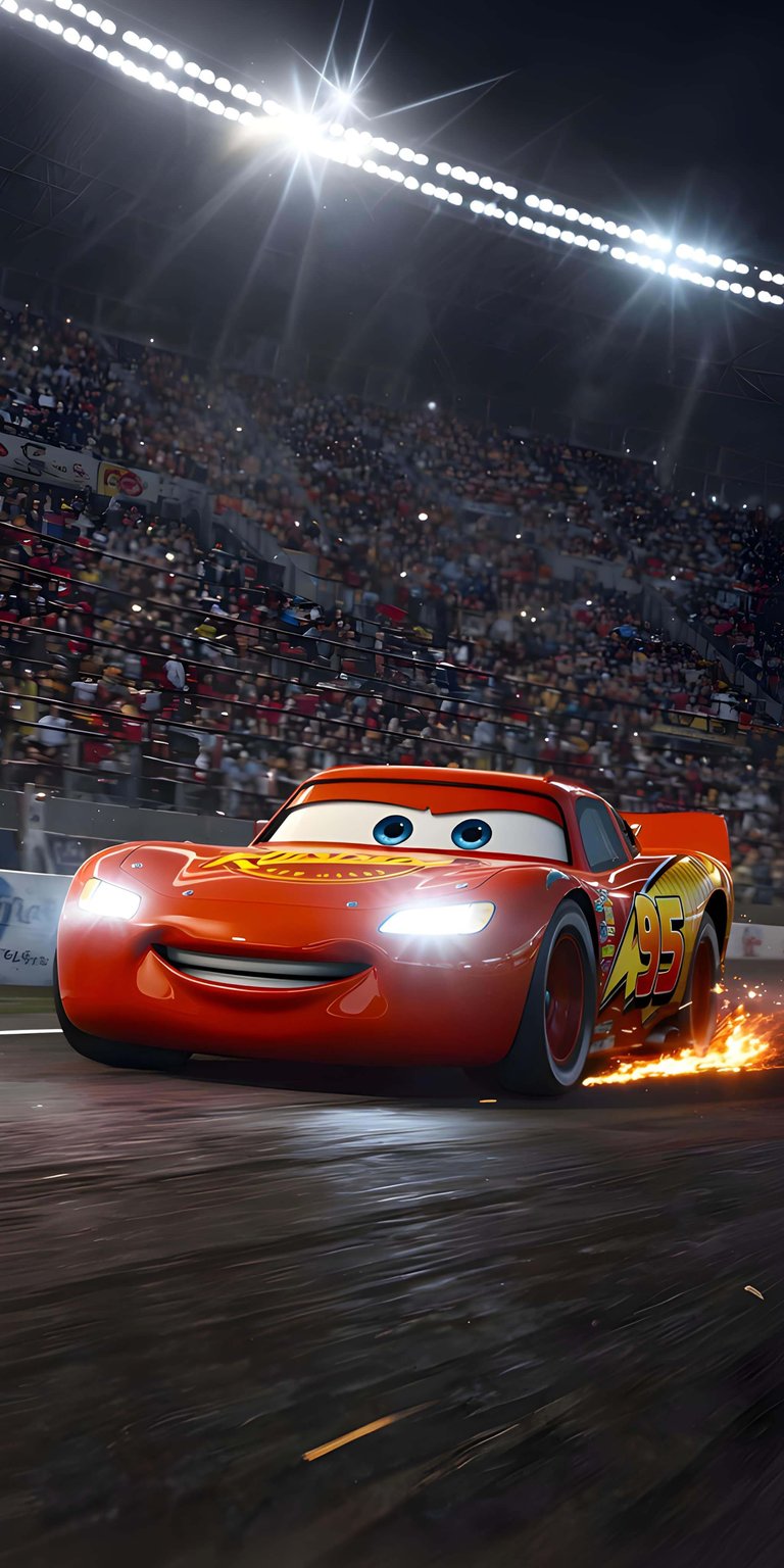Get this awesome Lightning McQueen 4K wallpaper for your iPhone, showcasing the character racing with sparks flying. The lively crowd under bright lights creates an electrifying wallpaper.