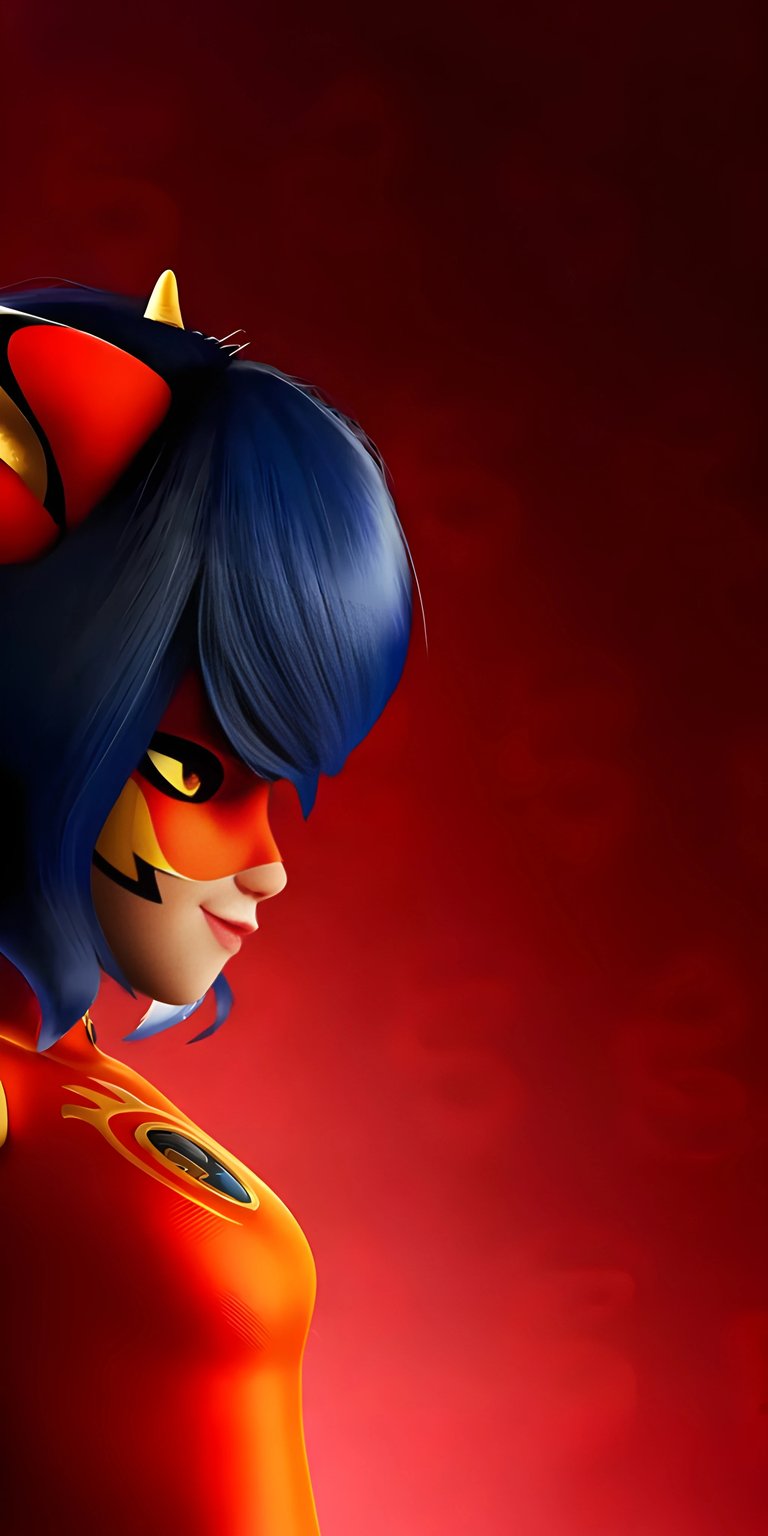 A fierce profile view of Kagami Tsurugi as Ryuko, the wielder of the Dragon Miraculous, with dramatic red background lighting and glowing yellow eyes. Perfect for fans of the show and powerful, elemental aesthetic themes.