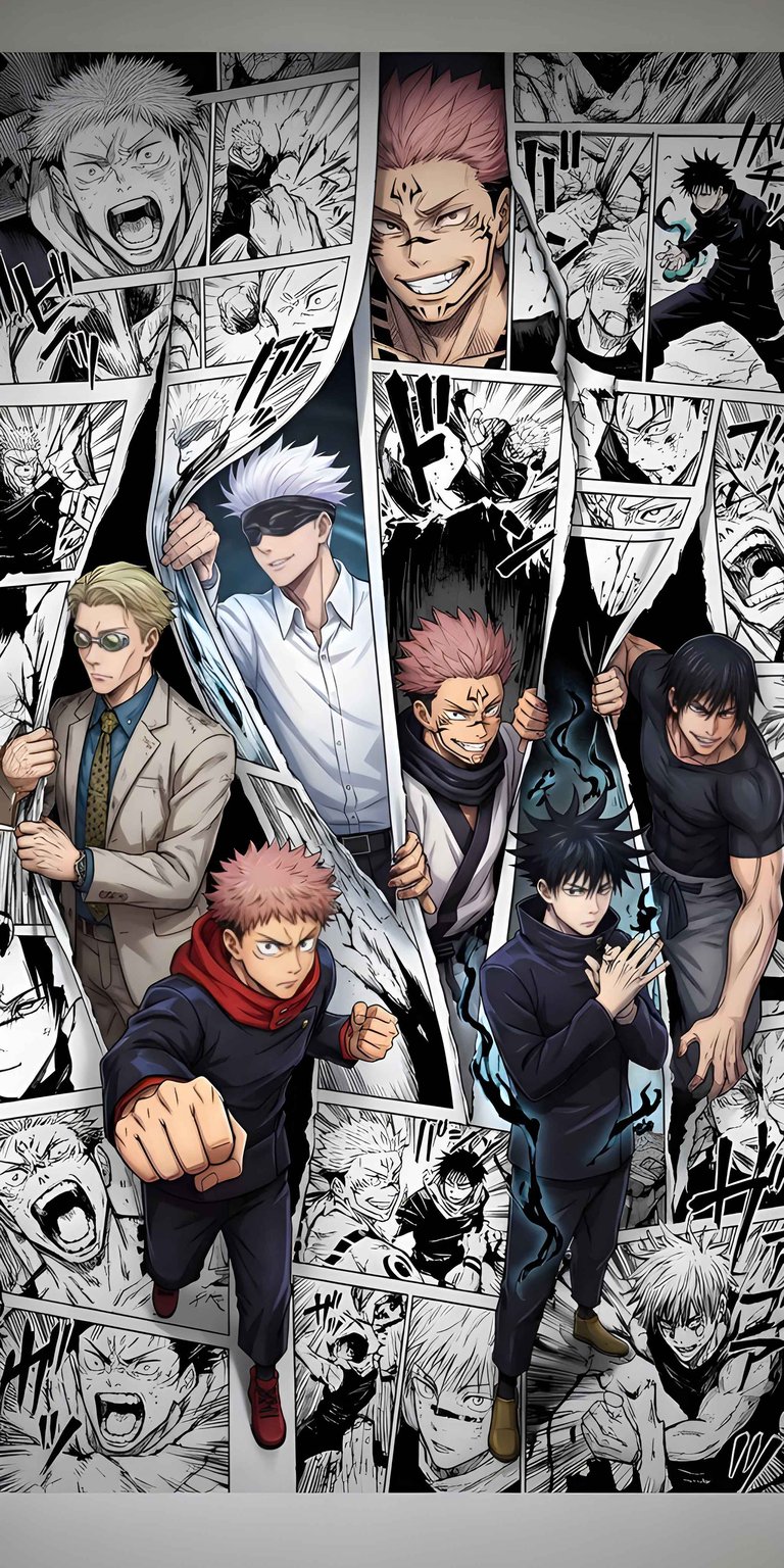 Elevate your iPhone with this stunning Jujutsu Kaisen 4K wallpaper, showcasing a dynamic composition of manga panels and characters. Notice the detailed artwork, the contrast of the dark tendrils behind Megumi, and the fierce expression of Yuji as the perfect background.