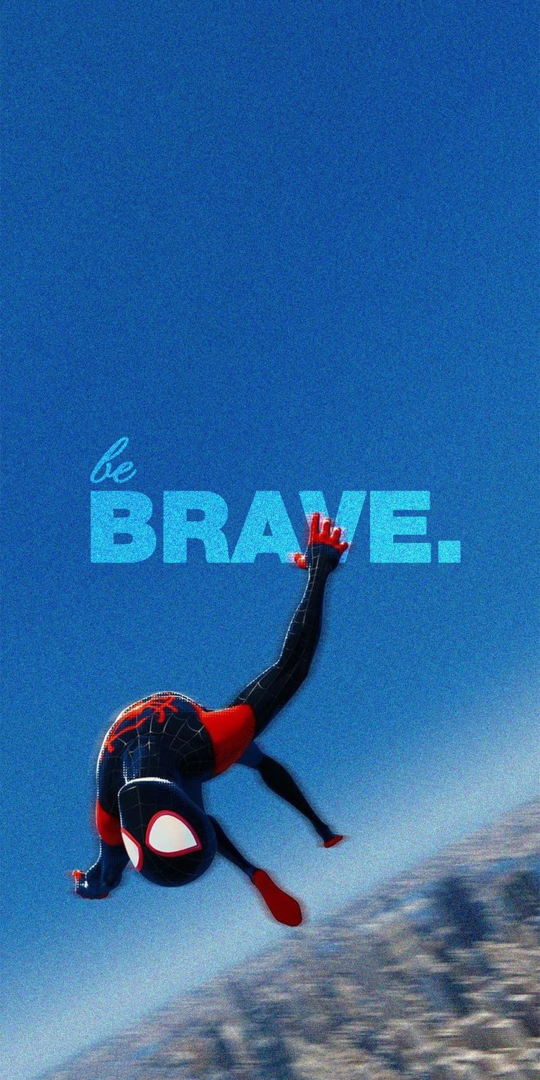 This Miles Morales Spider-Man 4K wallpaper features a stylized "be brave" message perfect for any iPhone user. The aesthetic wallpapers design captures a dynamic mid-air pose against a grain-textured blue sky and a blurred cityscape background.