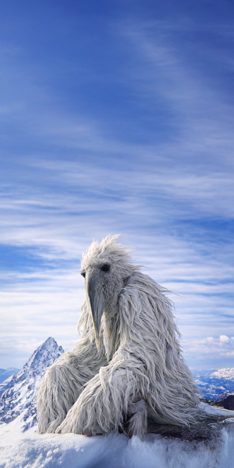 Transform your iPhone with this stunning Kuker 4K wallpaper, featuring a mystical figure covered in shaggy white fur, set against a backdrop of snow-capped mountains and a cloudy blue sky. This unique wallpaper captures a surreal and captivating scene.