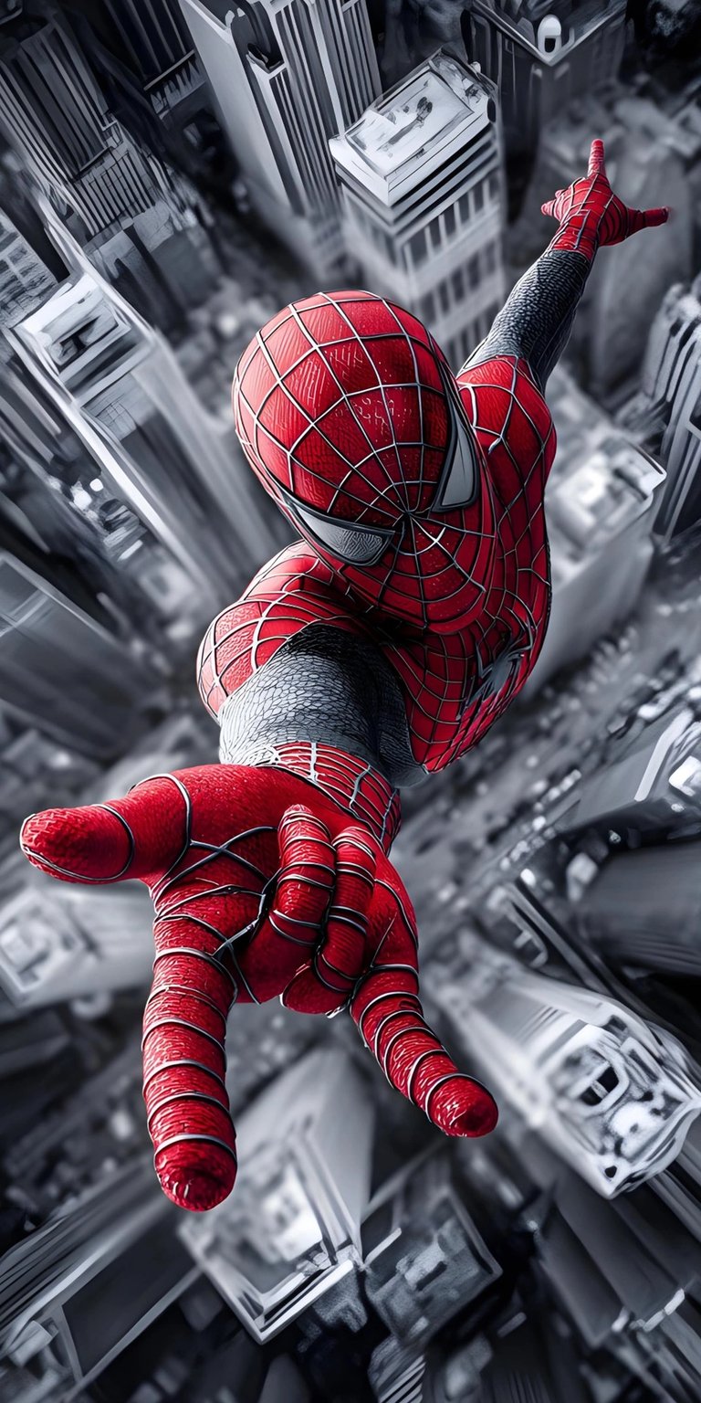 Download this awesome Spiderman 4K wallpaper for your iPhone, showcasing the iconic hero overlooking a grayscale cityscape. The wallpaper highlights Spiderman's red suit and webbed mask as he poses dramatically above the buildings.