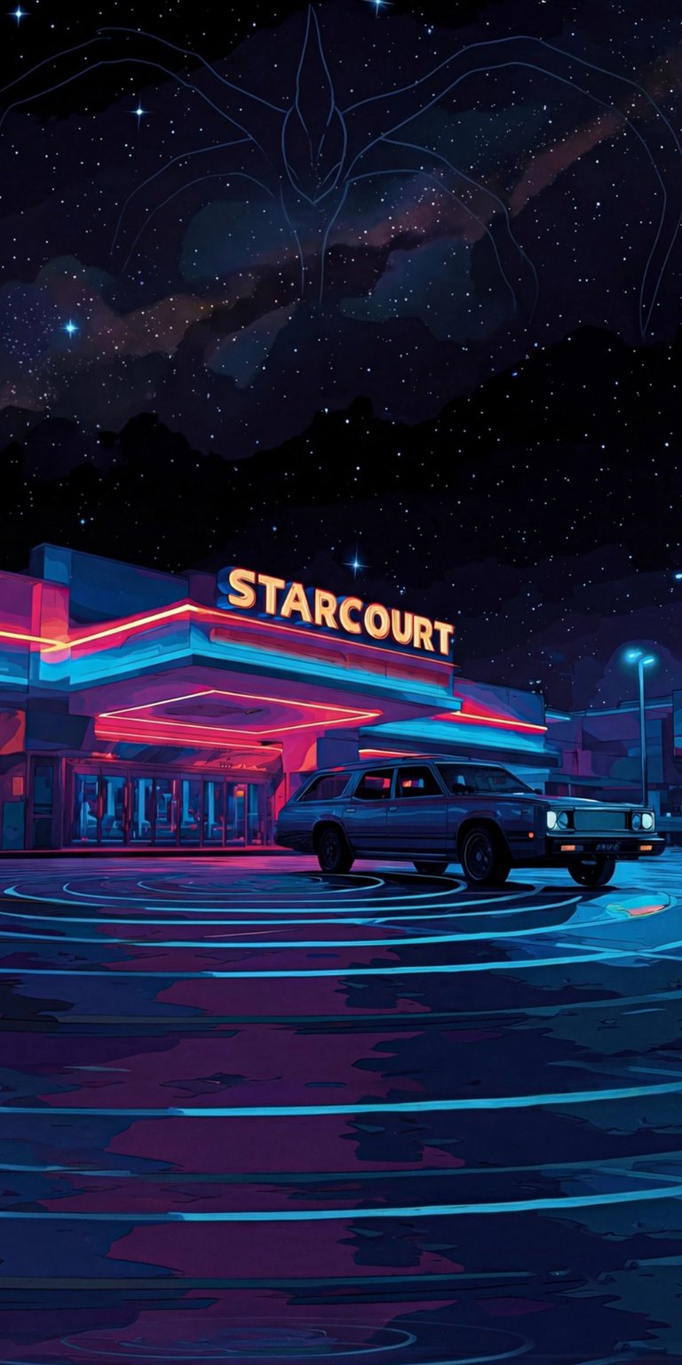 Get this Stranger Things wallpaper in 4K for your iPhone, featuring the Starcourt Mall with its bright neon lights. Observe the Mind Flayer constellation hovering above a vintage car parked on a rain-slicked surface.