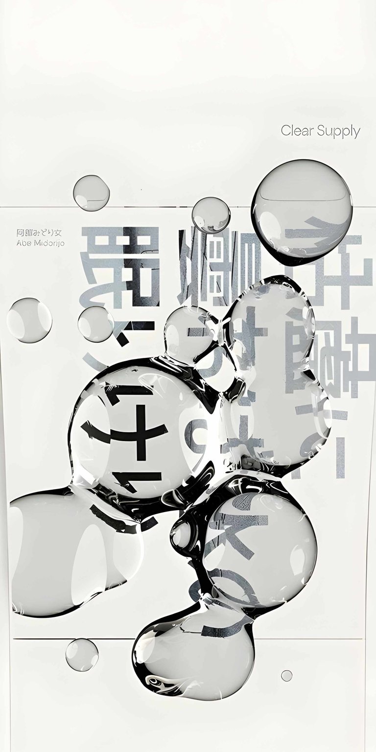 This sleek Clear Supply 4K wallpaper is perfect for your iPhone, featuring reflective transparent spheres with unique lettering. The wallpaper's minimalist design includes an abstract arrangement of floating water droplets and Japanese characters.