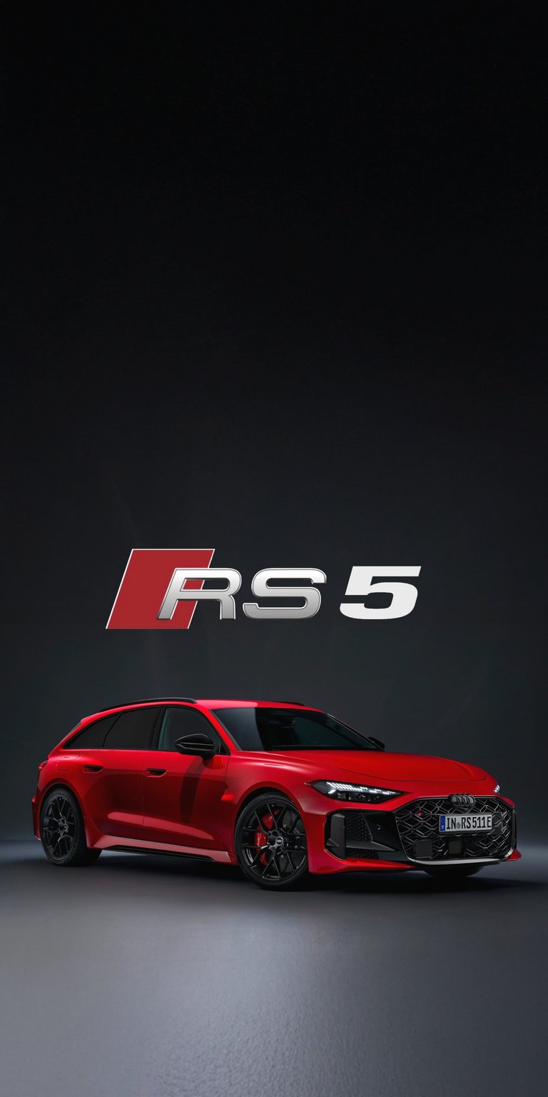 Featuring the bold RS5 emblem floating above the vehicle, this 4K wallpaper showcases a vibrant red Audi in a studio setting. A sharp minimalist wallpaper for car enthusiasts on iPhone.