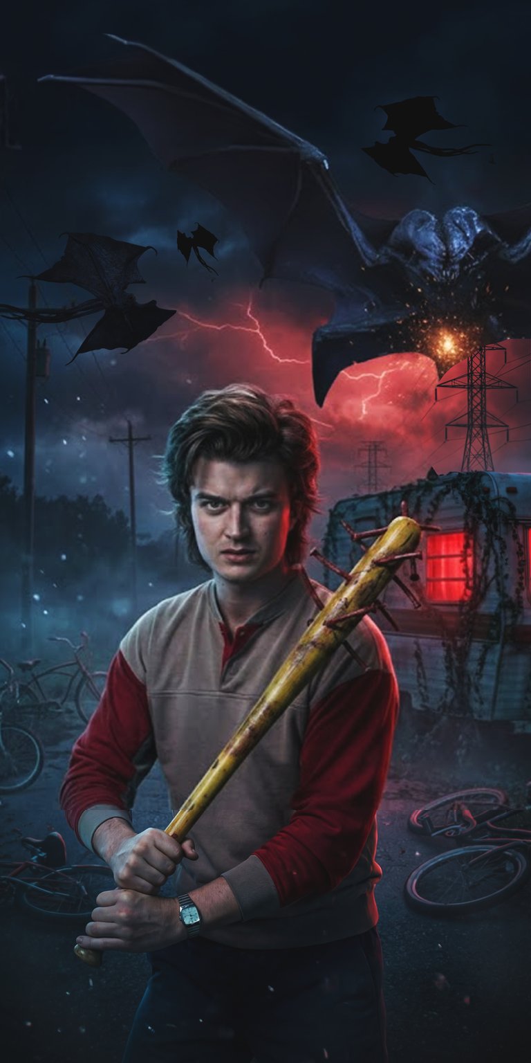 Download this electrifying Steve Harrington 4K wallpaper for your iPhone, featuring the iconic character wielding his nail-studded bat against a backdrop of flying demogorgons and a lightning-streaked sky. This wallpaper captures the thrilling essence of the series, perfect for any fan.
