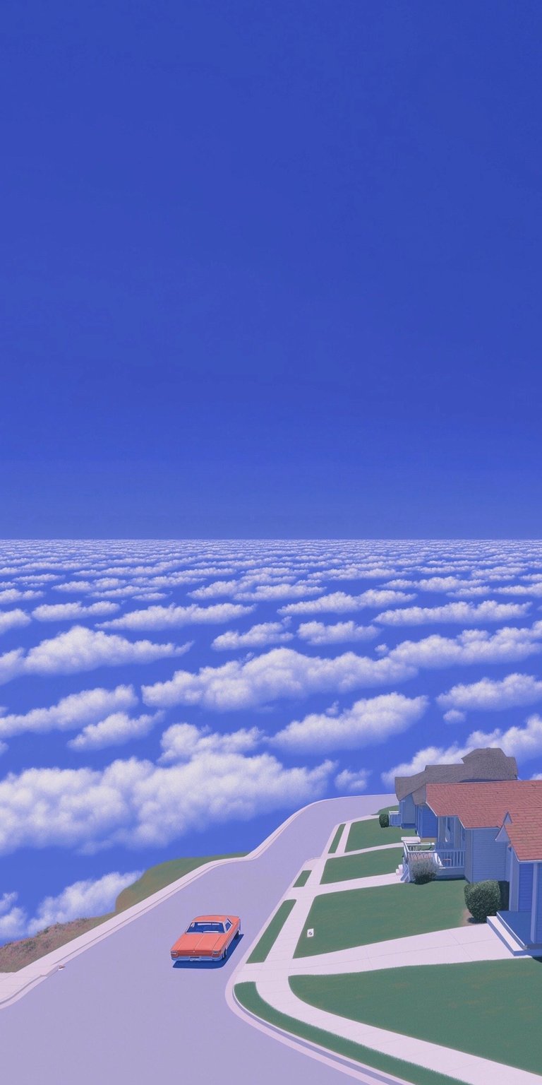Dreamy blue skies become an aesthetic 4K wallpaper for your iPhone. Featuring a vintage orange car on a neighborhood road overlooking an ocean of clouds, this wallpaper creates a peaceful and calming vibe.