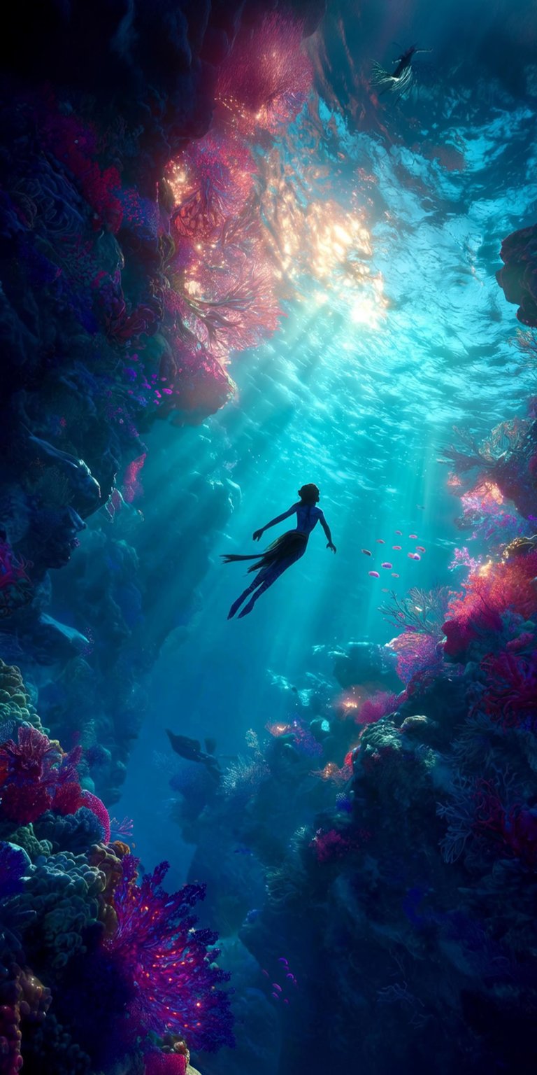 Download this stunning Neytiri wallpaper in 4K for your iPhone! Featuring radiant coral, a school of fish, and shafts of light piercing the water, this wallpaper is sure to impress.