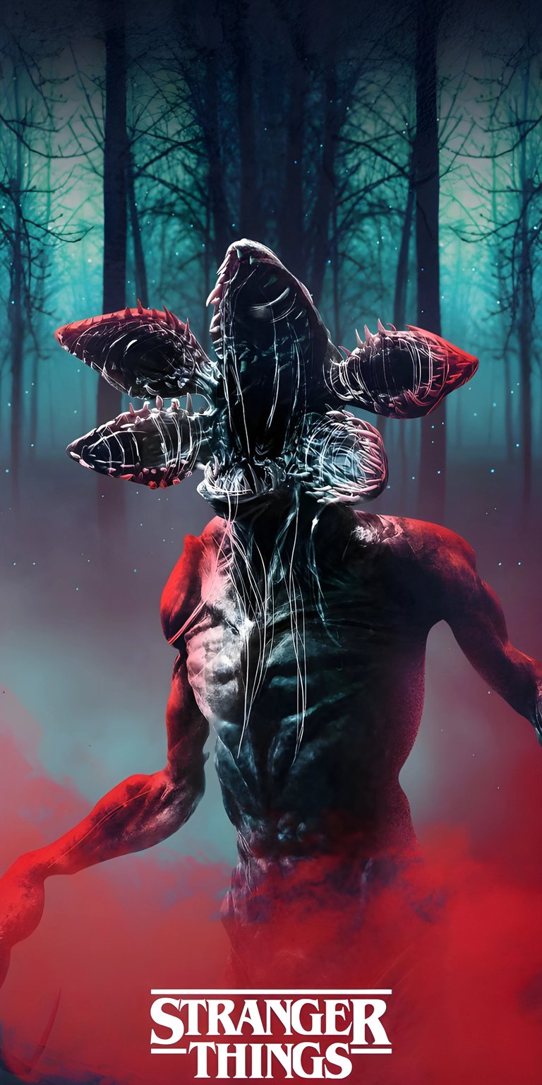 This striking Demogorgon 4K wallpaper is perfect for your iPhone, featuring a monster with a terrifying, flower-like head emerging from a misty forest. The red smoke rising from the bottom adds to the eerie, otherworldly feel of this unique wallpaper.