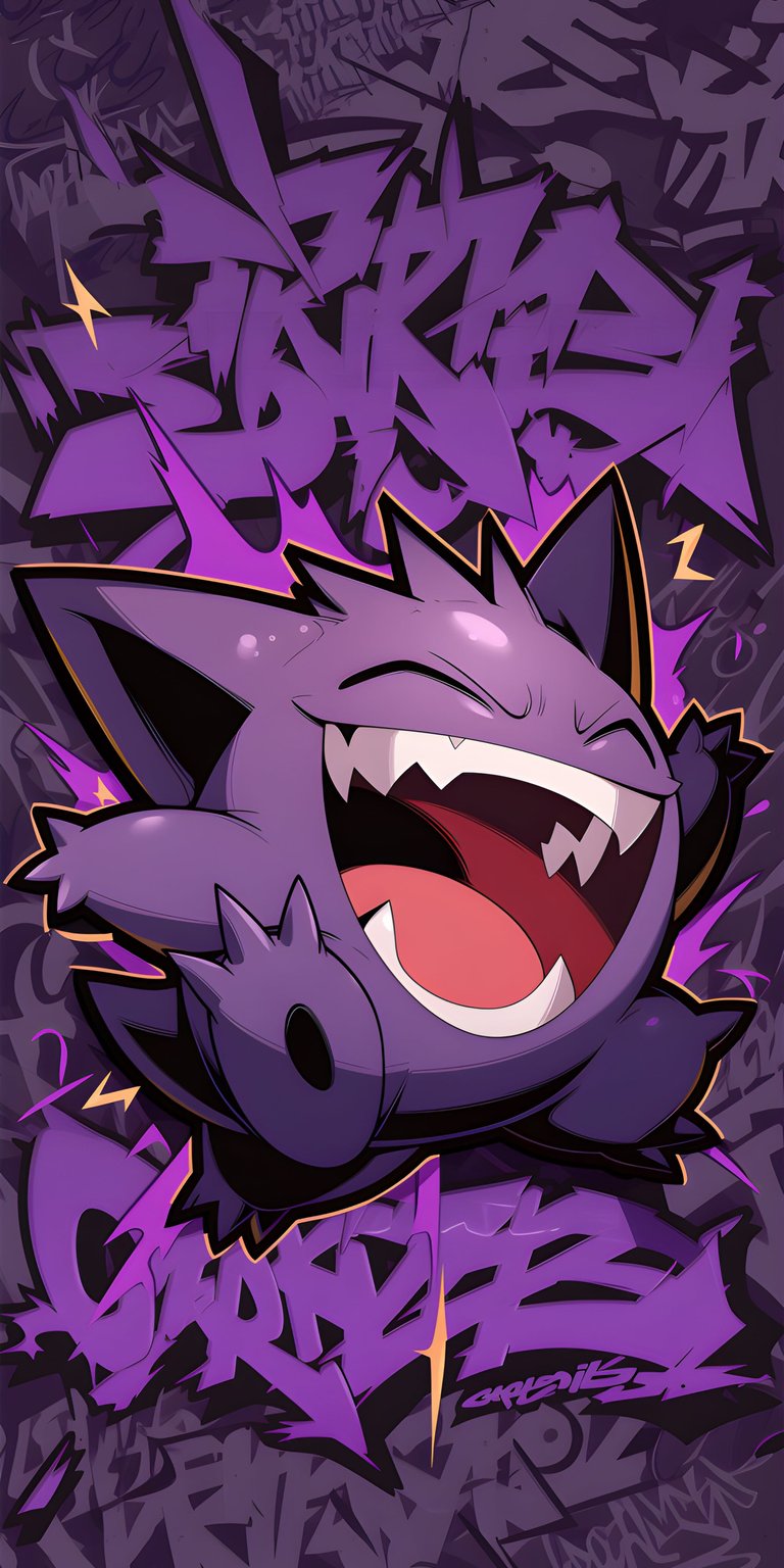 Download this awesome Gengar wallpaper in 4K for your iPhone, showcasing the iconic ghost-type Pokémon amidst purple graffiti. This vibrant wallpaper features Gengar's menacing grin, sharp teeth, and electric bolt accents, making it a standout choice for any fan.