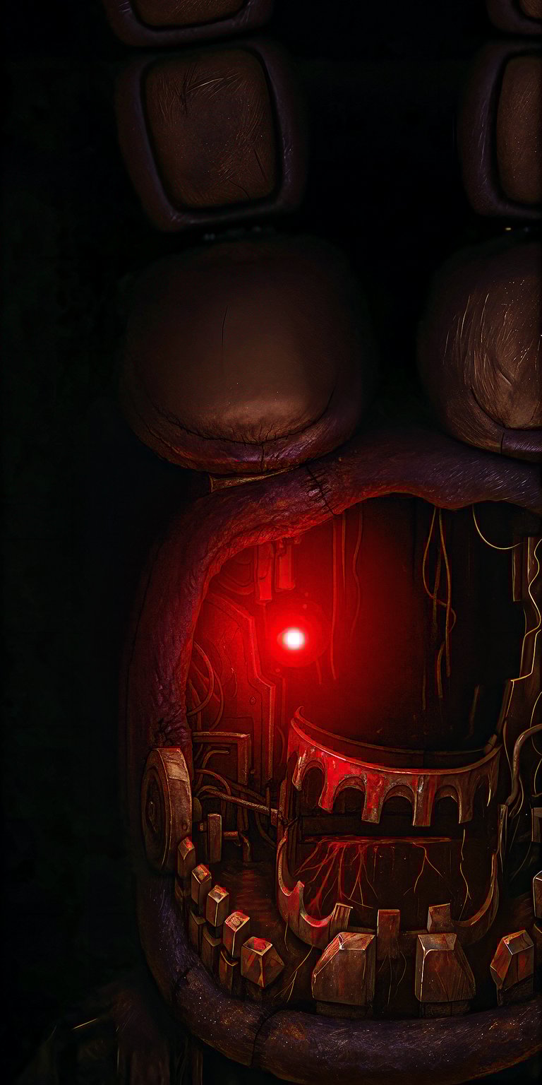 An intensely unsettling wallpaper showcasing the severely damaged face and red-glowing eye of an animatronic, strongly suggesting a character from Five Nights at Freddy's like a heavily decayed Freddy or Golden Freddy. The rough texture and single red light create a terrifying, gritty atmosphere for fans of dark video game horror.