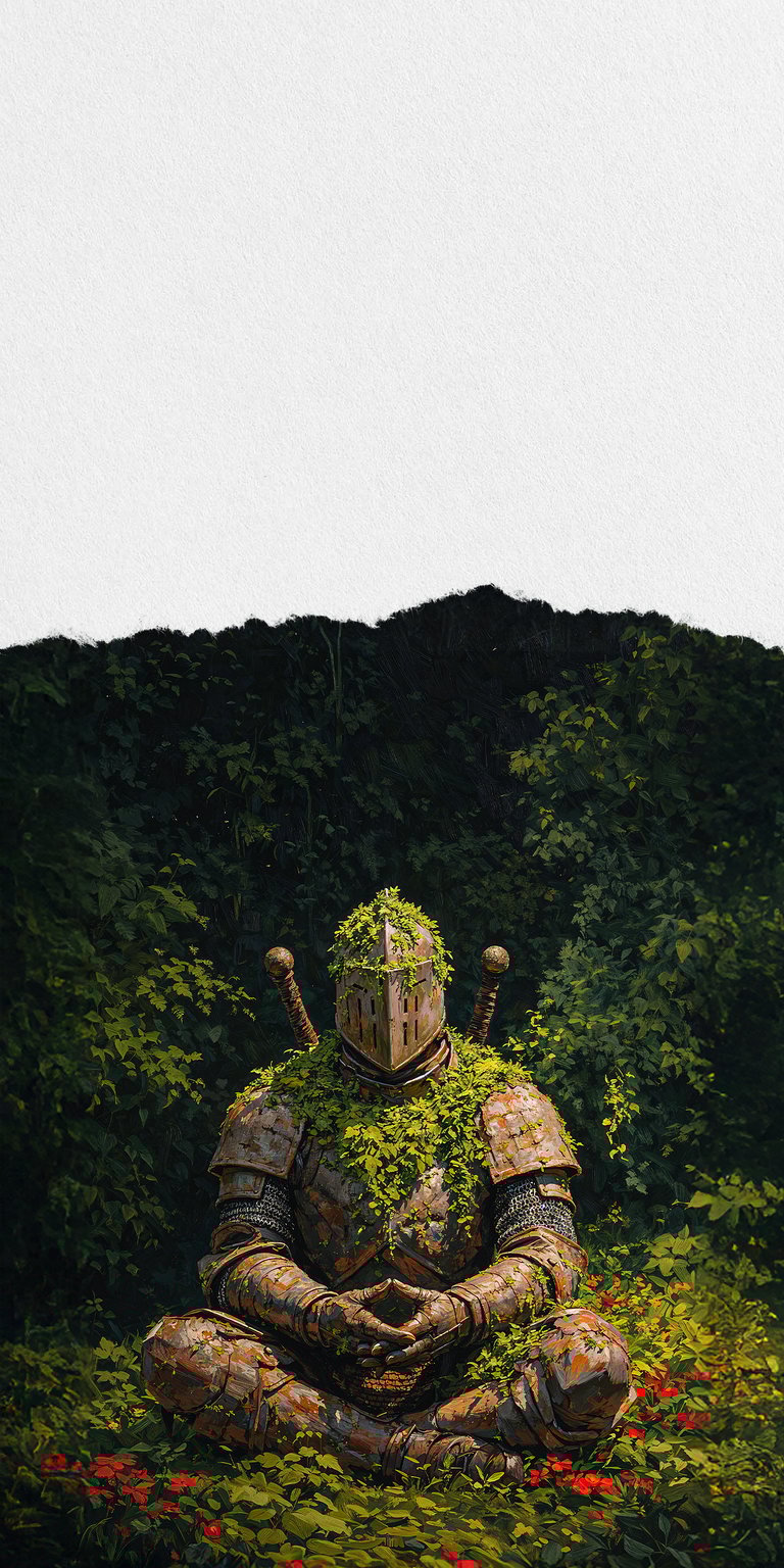 This high-resolution wallpaper features a weathered, moss-covered knight sitting in a peaceful meditative pose within a lush, sun-dappled forest. Surrounded by vibrant red poppies and deep green foliage, this piece perfectly blends the themes of ancient chivalry with the reclaiming power of nature. Ideal for fans of "Solitude" aesthetics and fantasy concept art.
