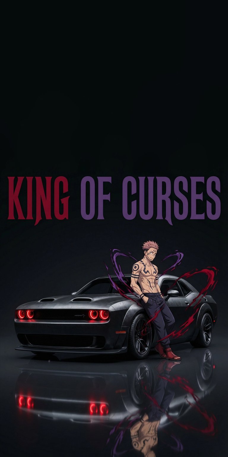 Get this stunning Yuji Itadori 4K wallpaper for your iPhone, showcasing a sleek black car and the powerful "King of Curses" text. This wallpaper also features the main subject, Yuji Itadori, with striking red and purple details.