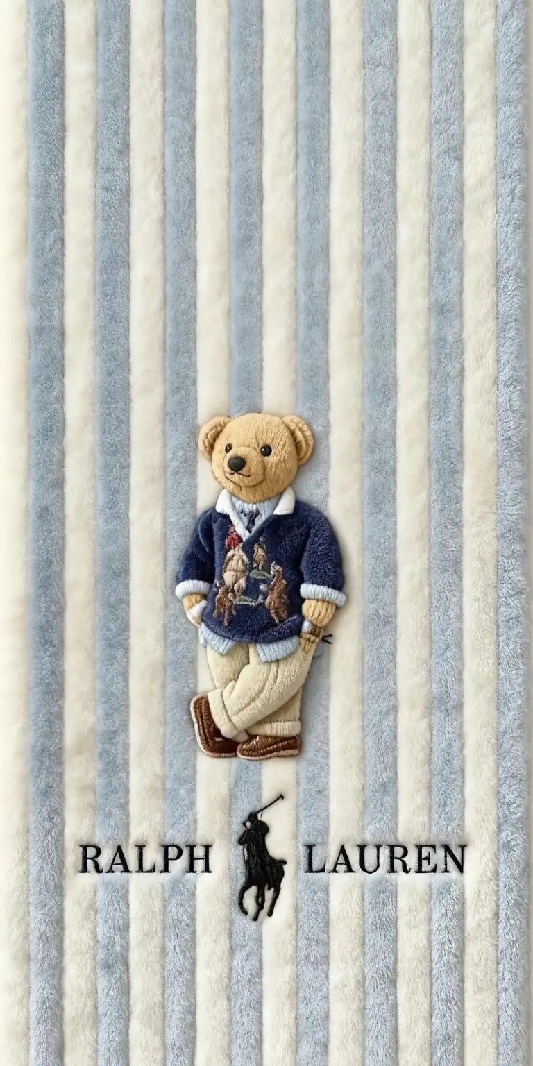 This luxury 4K wallpaper features the iconic Ralph Lauren Polo Bear dressed in a classic preppy outfit against a blue and white striped fabric background. Give your iPhone wallpaper a sophisticated touch with this high-resolution fashion-inspired graphic.