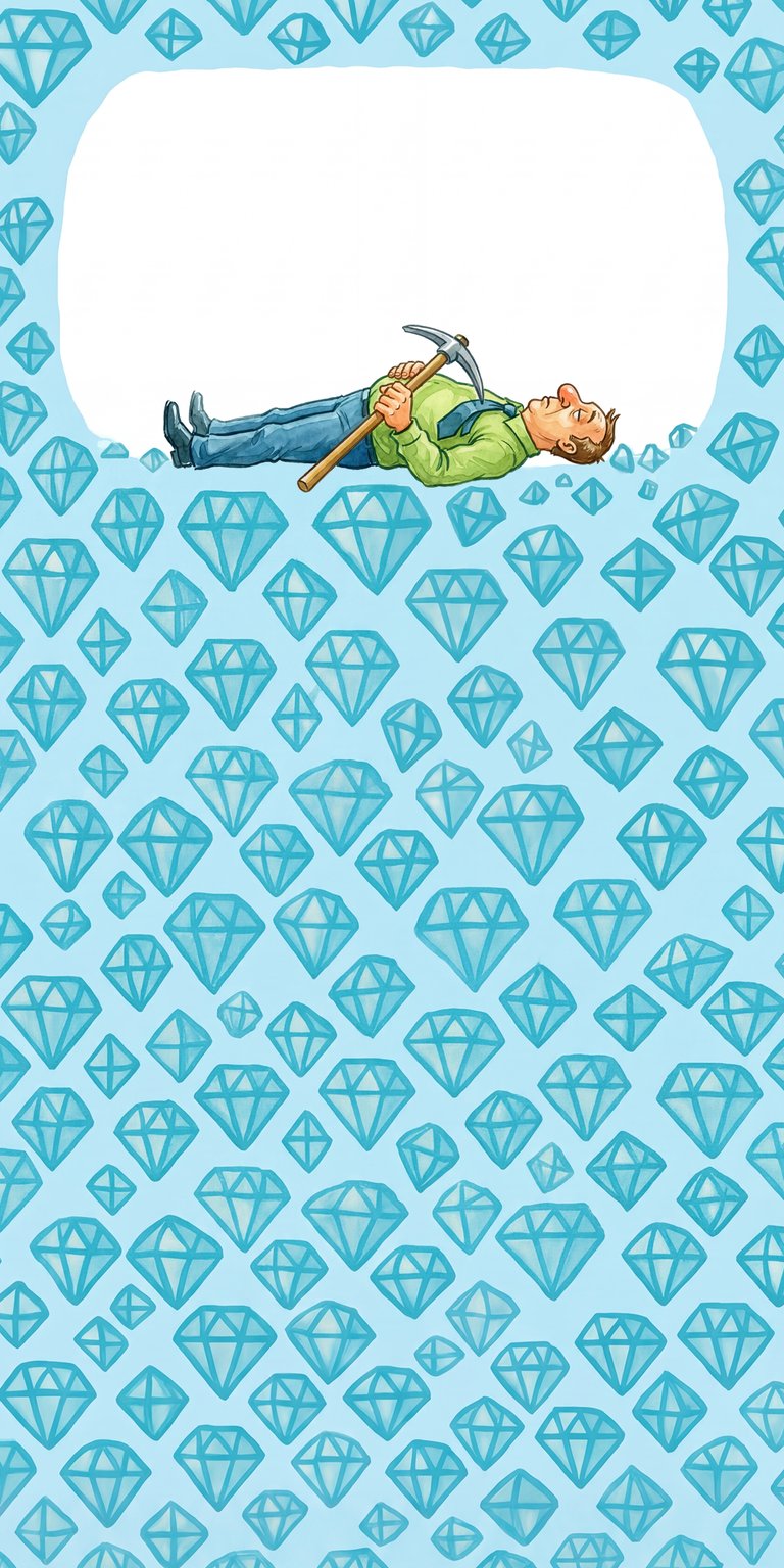 Download this 4K wallpaper featuring a diamond miner taking a break amongst a sea of diamonds for your iPhone. The beautiful wallpaper features a blue and white color scheme with a man in a green shirt holding a pickaxe.