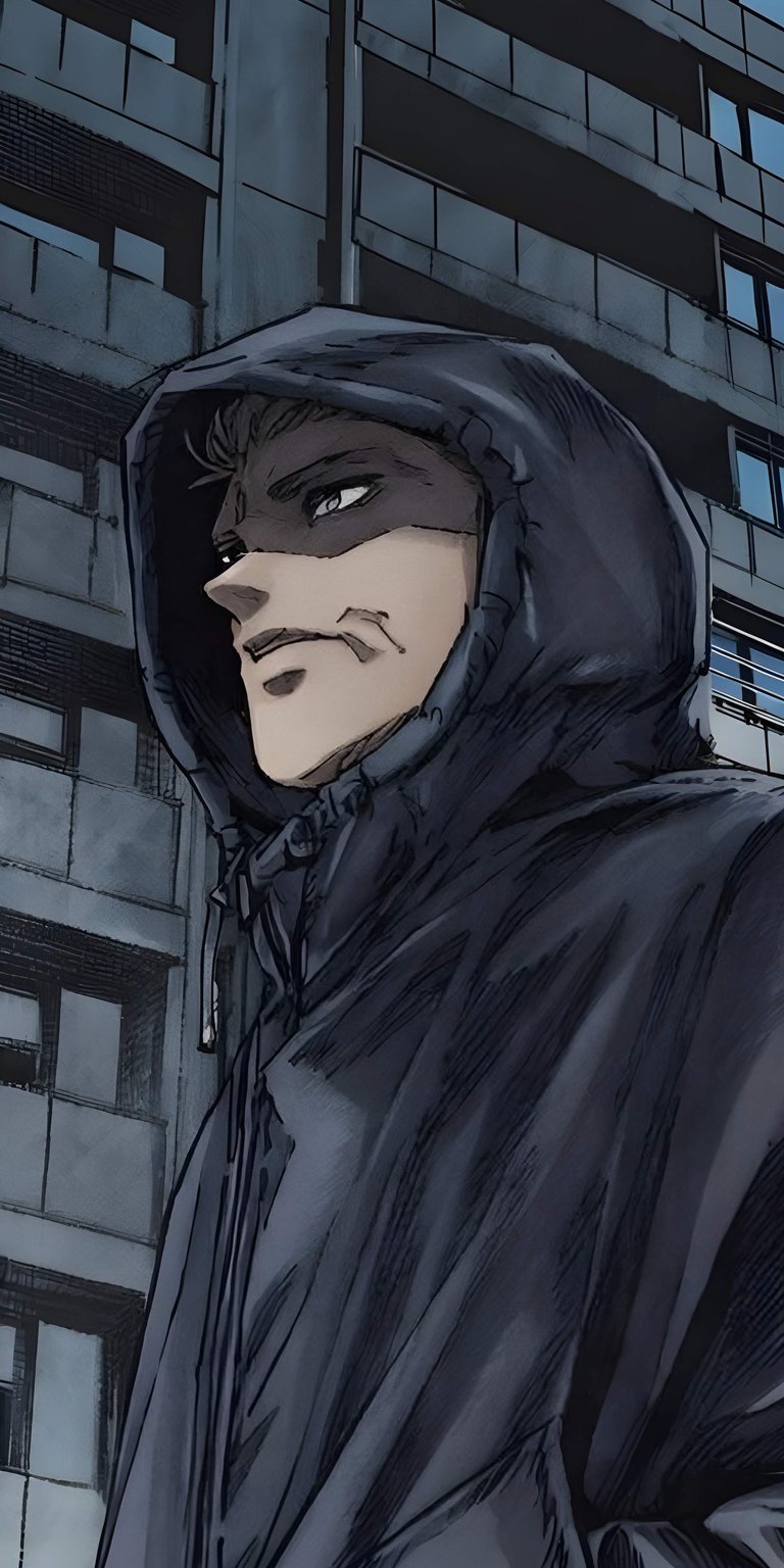 Download this stunning Yohan 4K wallpaper for your iPhone, featuring the character in a dark hood and mask. This wallpaper showcases Yohan's sharp profile and the imposing architecture in the background.