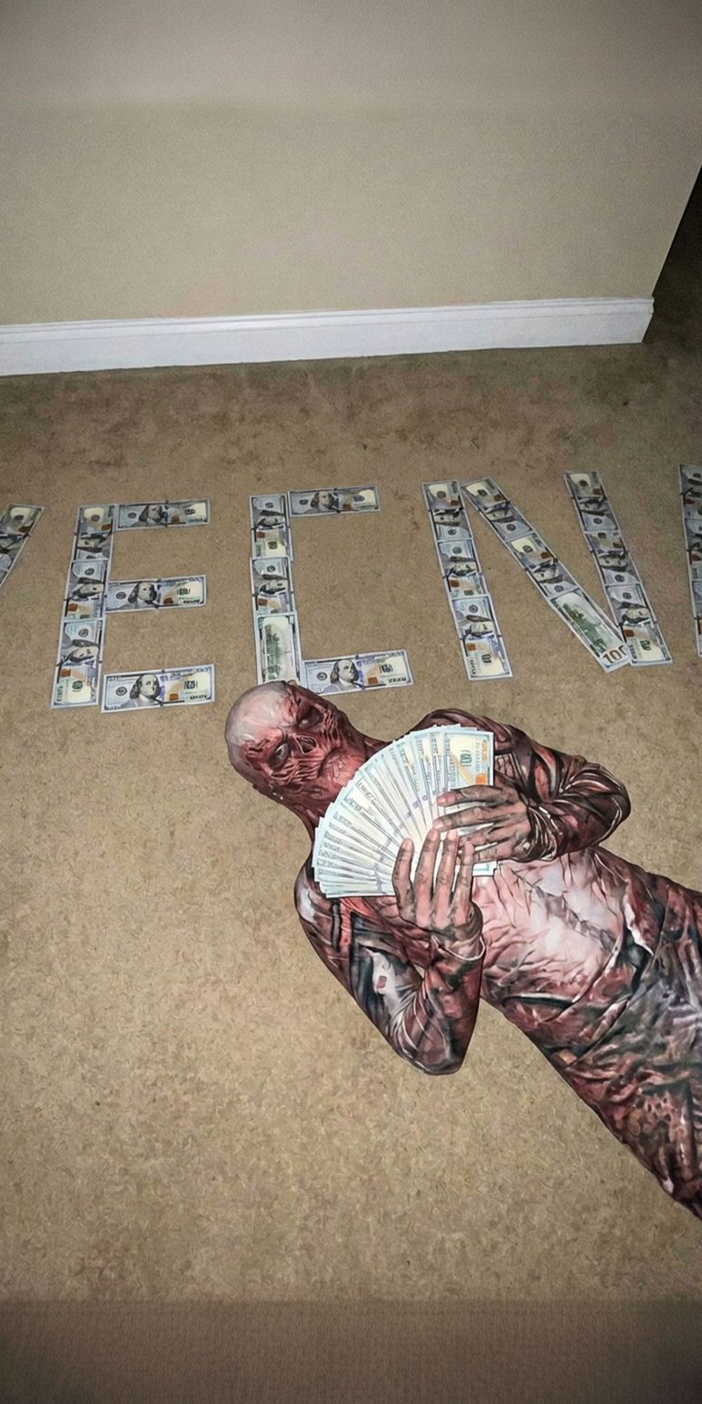 Download this Vecna 4K wallpaper for your iPhone, featuring the Stranger Things villain holding a massive fan of cash. The name "Vecna" is spelled out in hundred dollar bills against a tan carpet, creating a striking wallpaper.