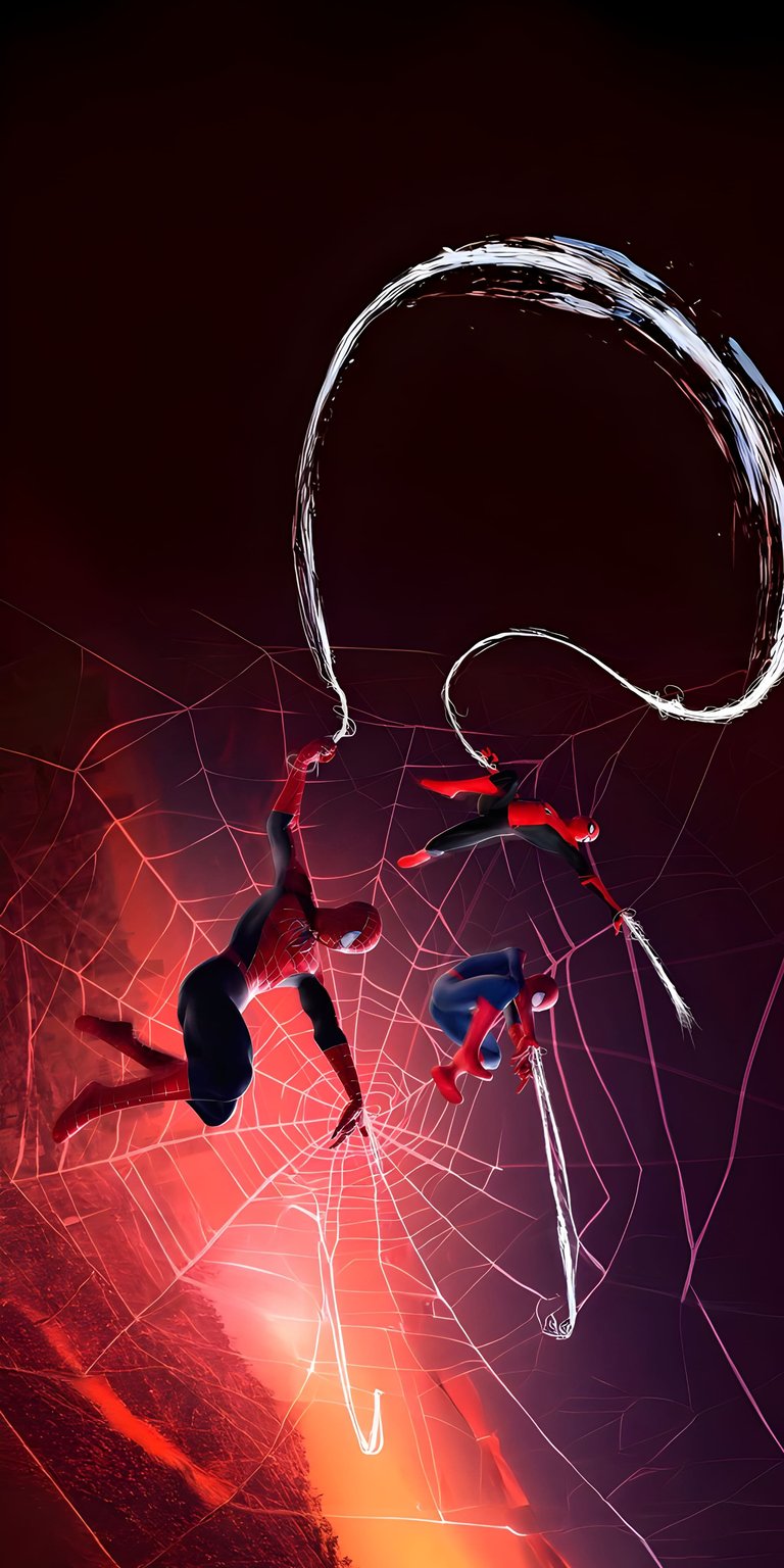 Download this stunning Spider-Man 4K wallpaper for your iPhone today! Featuring multiple Spider-Men swinging on bright white webs against a dark red backdrop, this wallpaper is sure to impress.