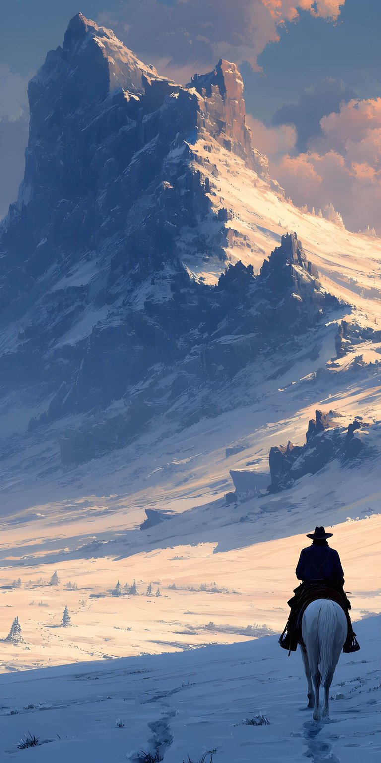 A lone rider travels through a vast snowy landscape in this breathtaking 4K wallpaper. Enhance your iPhone with this serene mountain aesthetic wallpaper.