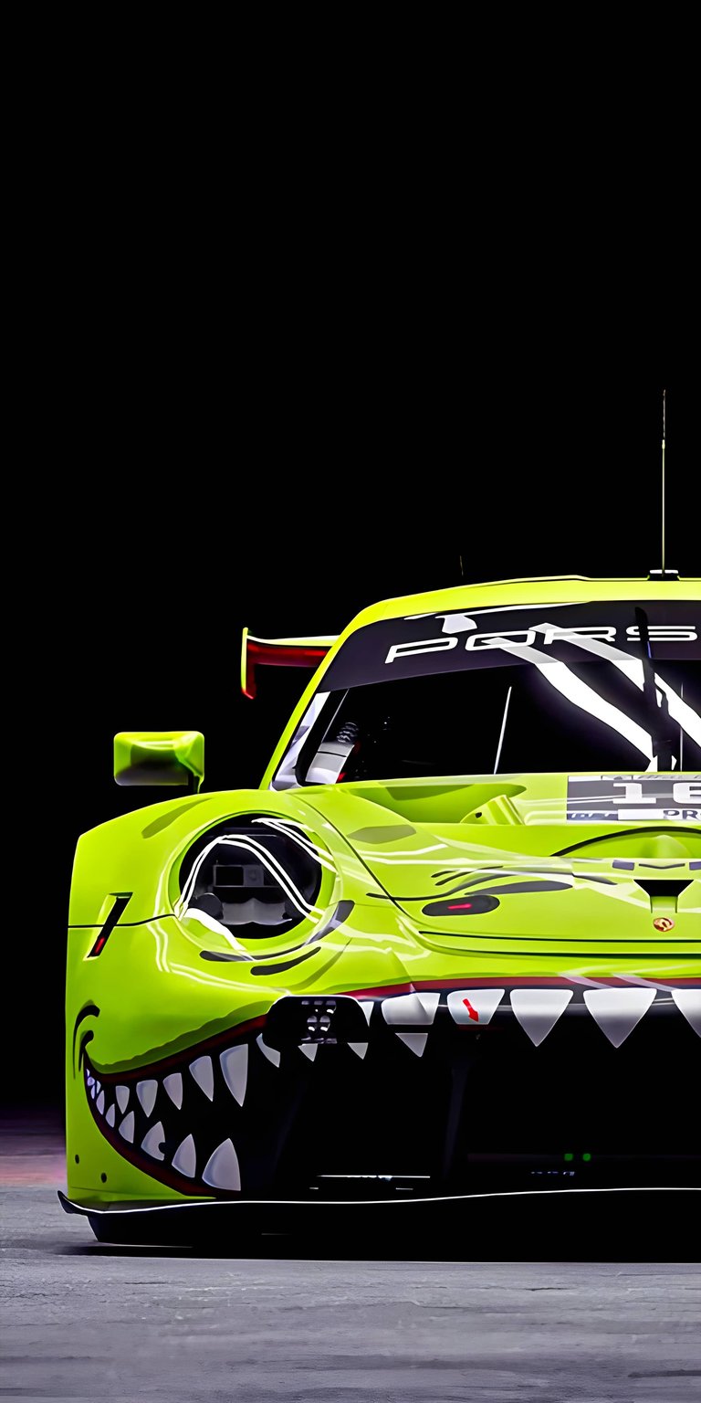 Download this vibrant green Porsche wallpaper in 4K for your iPhone, featuring a shark tooth decal and intense lighting. This striking wallpaper showcases the sleek design and aggressive styling of the race car.