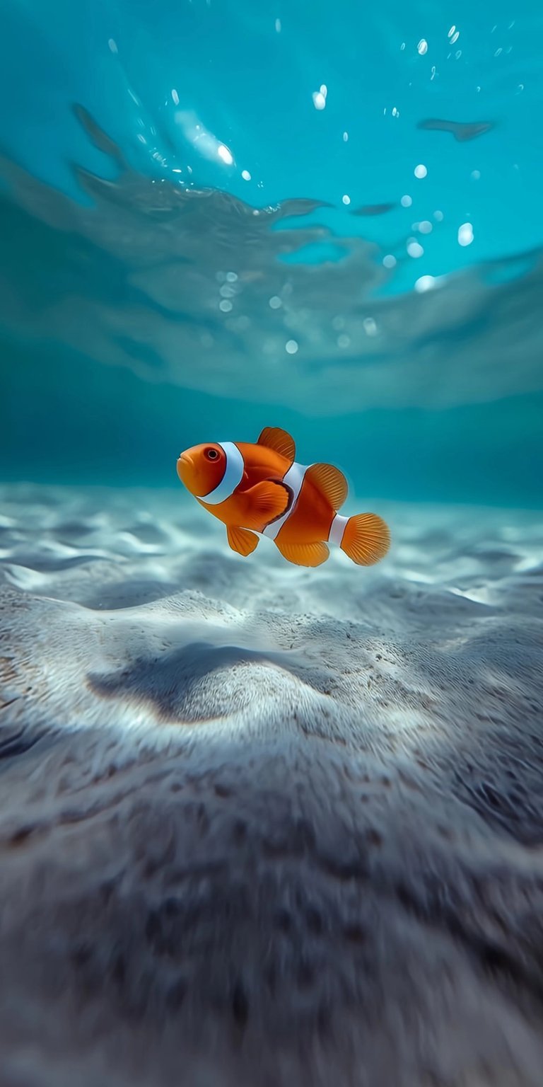 Download this stunning 4K Nemo wallpaper for your iPhone, showcasing a vibrant clownfish swimming near the sandy ocean floor. This stunning wallpaper also shows the sun shimmering above the fish in the clear turquoise water.