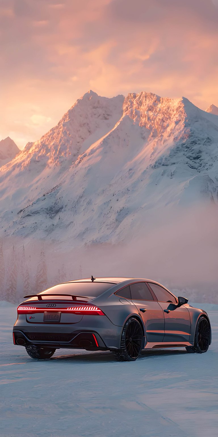 This high-performance Audi RS7 Sportback 4K wallpaper captures the sleek sedan against a breathtaking sunset over snowy peaks. Designed as a cinematic aesthetic wallpaper for iPhone, it features glowing red LED taillights and a soft orange alpine glow.