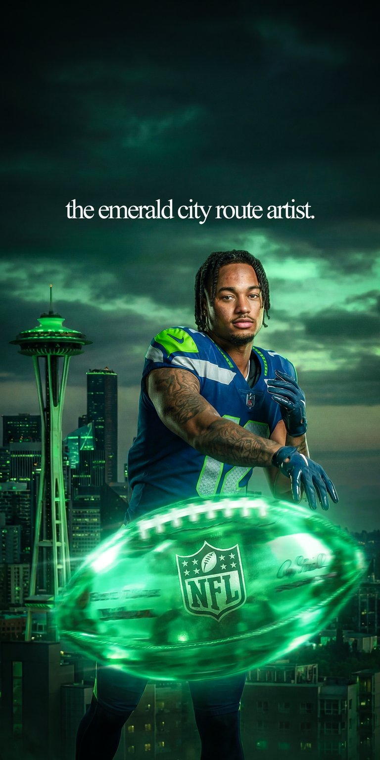 DK Metcalf 4K wallpaper presented in Aesthetic wallpapers style, blending cinematic sports portraiture with a dramatic city backdrop. This wallpaper is optimized for iPhone, featuring emerald green tones, glowing lighting effects, and a bold, confident atmosphere that stands out as a wallpaper.