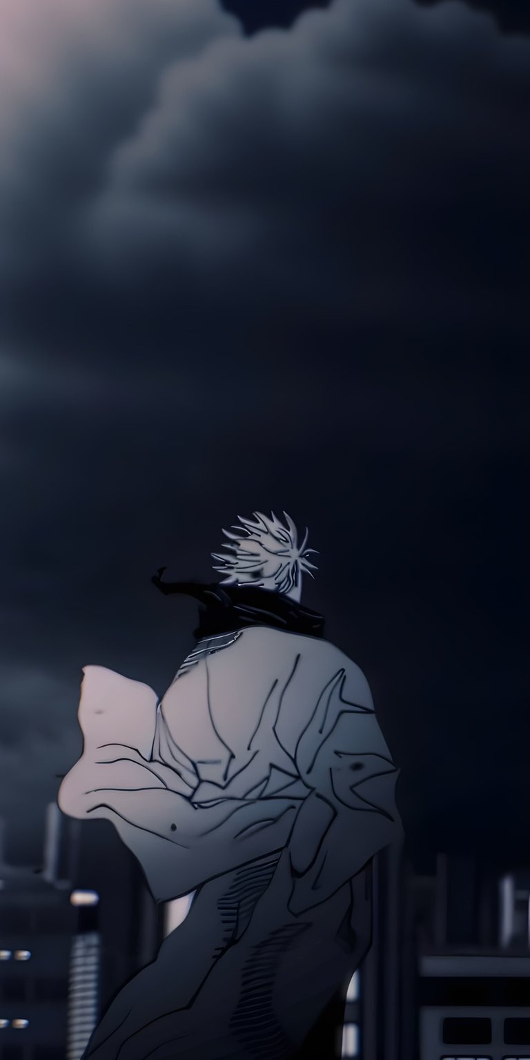 Gojo Satoru anime wallpaper presented as an aesthetic wallpapers style wallpaper for iPhone, capturing a cinematic night scene. This wallpaper features deep blue tones, soft low lighting, and a calm yet powerful mood with strong depth.