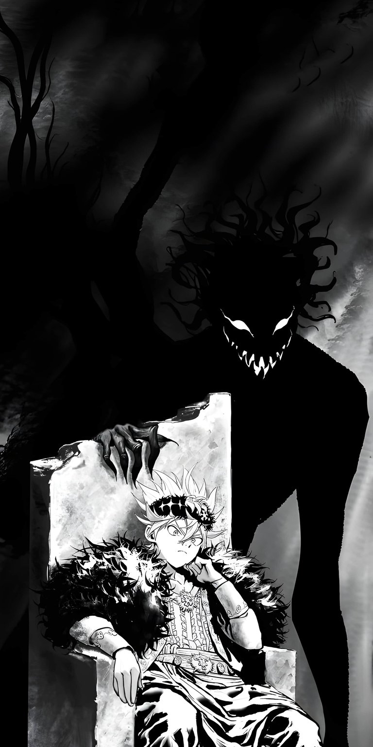 Download this Asta 4K wallpaper for your iPhone, showcasing Asta sitting on his throne. The wallpaper also features Asta's devil with sharp teeth and long fingers.