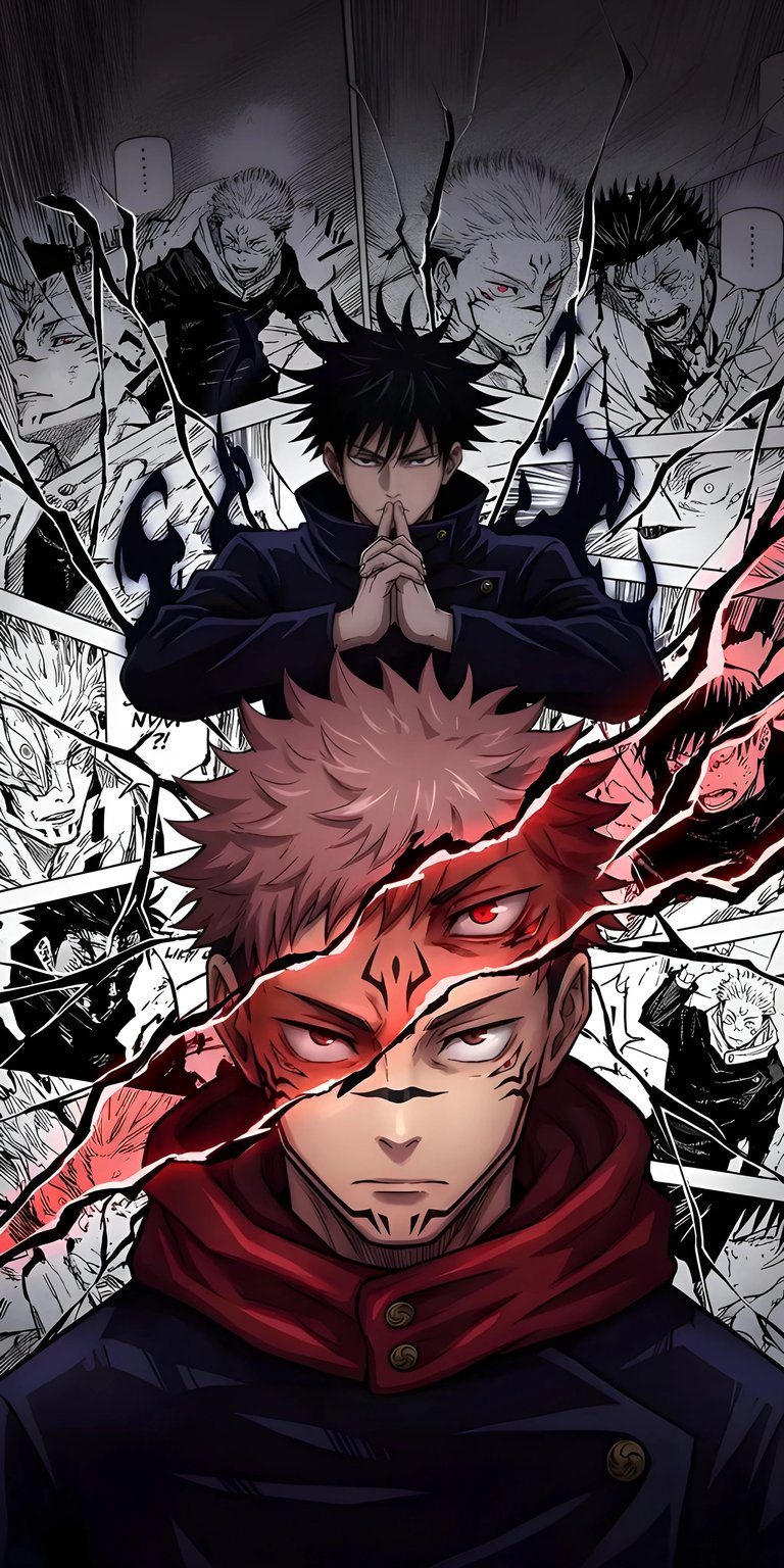 Download this Jujutsu Kaisen 4K wallpaper for your iPhone, showcasing the character with striking red eyes and intricate facial markings. This wallpaper captures the essence of the manga, displaying dynamic comic panel backgrounds and dark energy effects.