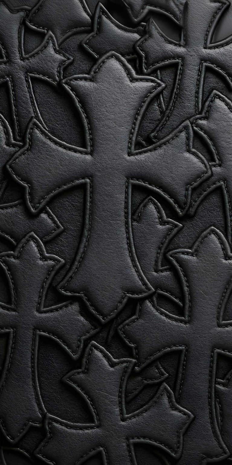 Transform your iPhone with this striking Chrome Hearts wallpaper in 4K resolution, showcasing meticulously stitched, overlapping crosses. The subtle shadows and textured leather of this wallpaper create a luxurious, three-dimensional effect.