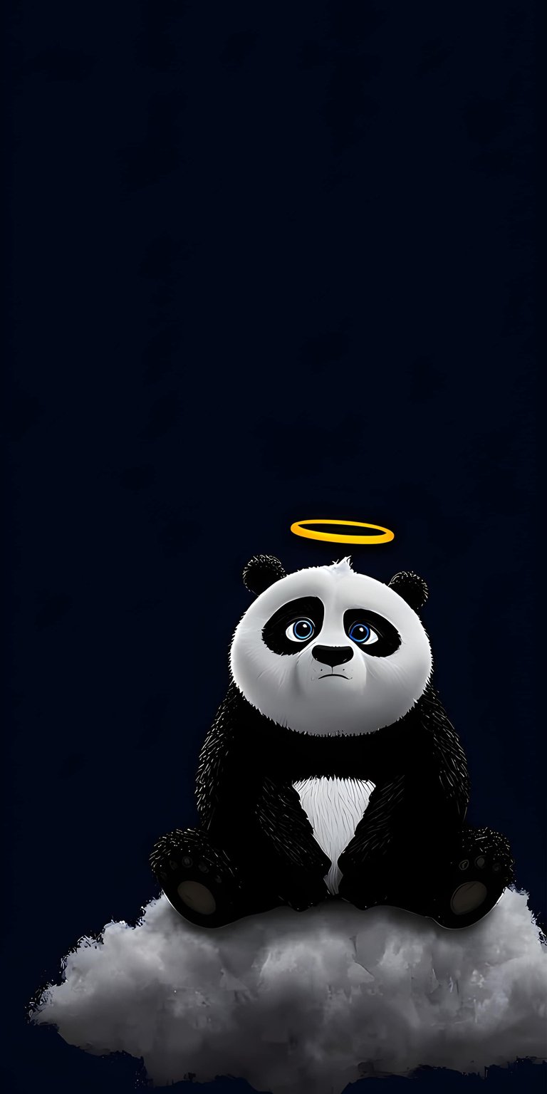 This cute cartoon wallpaper features a panda with a golden halo sitting on a soft cloud. It is a charming aesthetic wallpaper designed specifically for a dark iPhone interface.