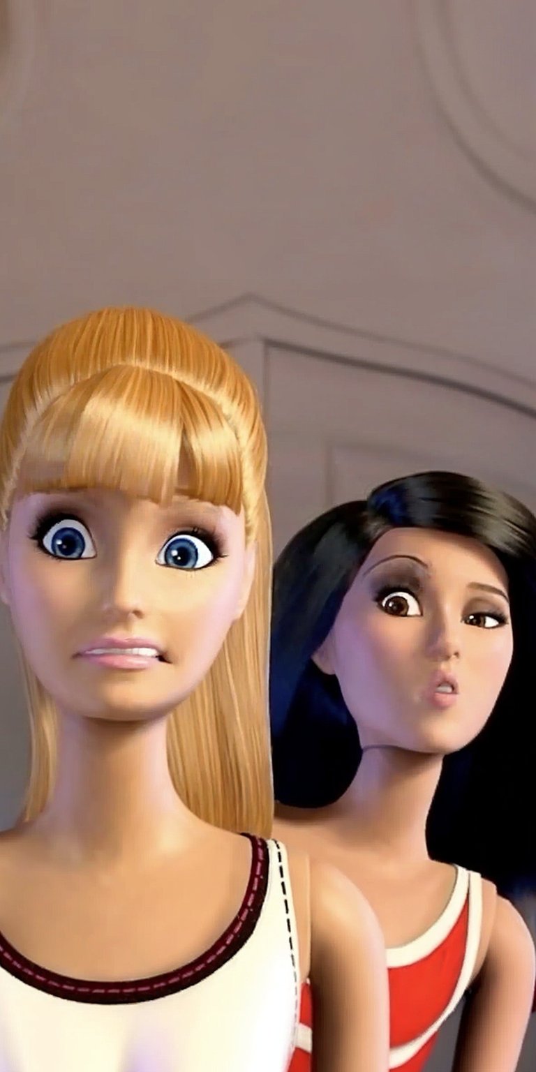 This vibrant 4K wallpaper features Barbie and her friend with surprised expressions. Enjoy this high-definition wallpaper on your iPhone, showcasing their detailed blonde and brunette hairstyles along with their sporty tank tops.