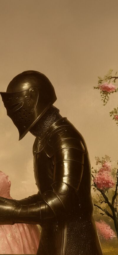 Enjoy this artistic Maidens Knight 4K wallpaper on your iPhone. Featuring a lovely maiden in a pink dress and a knight in a black armor, this wallpaper makes a matching wallpaper for 2 people.