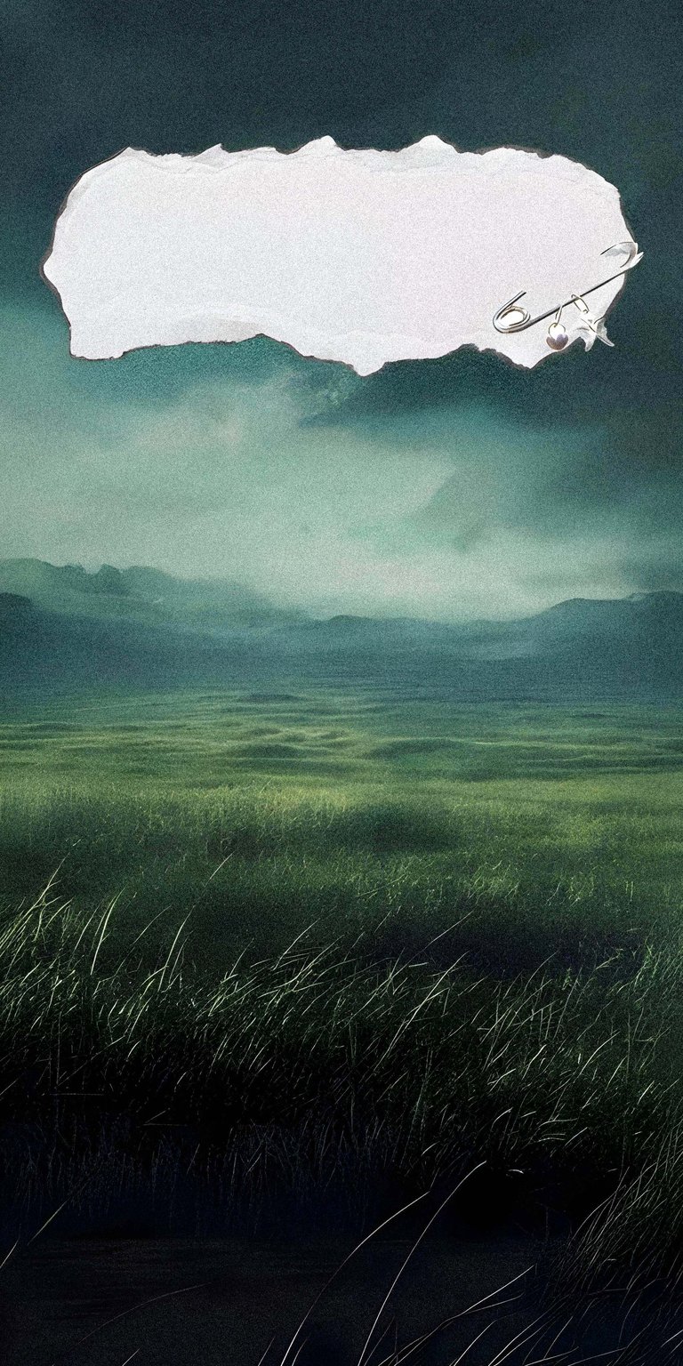 Download this beautiful green fields 4K wallpaper for your iPhone. This wallpaper features a white torn piece of paper held by a silver safety pin, contrasting against the moody, grassy landscape.