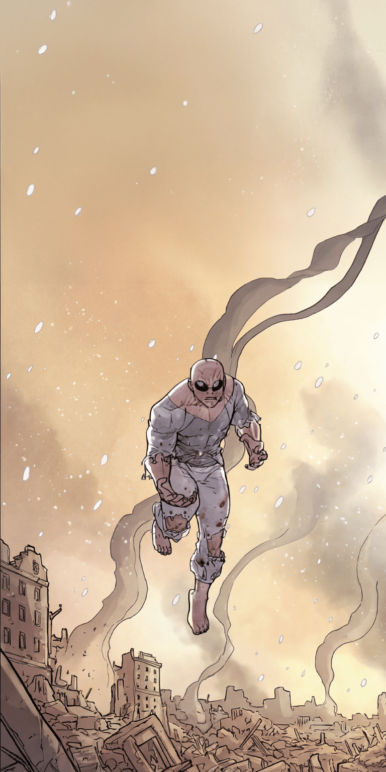 This aesthetic wallpaper showcases Mark Grayson in his Invincible suit, heavily battered and hovering above a destroyed cityscape. The 4K wallpaper for iPhone features a muted, hazy atmosphere with detailed debris and a somber, cinematic tone.