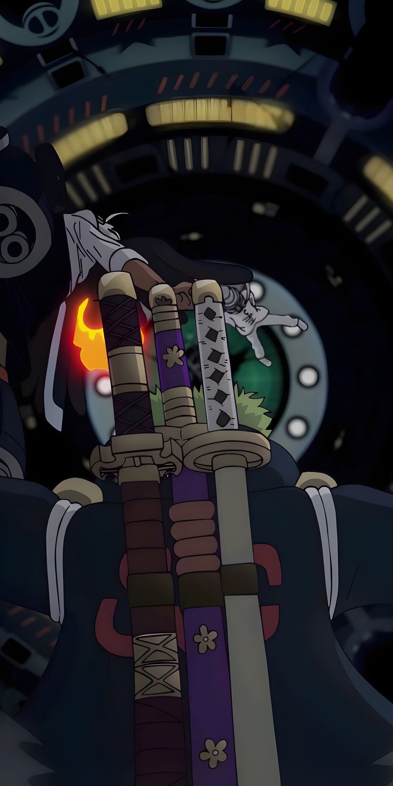 Download this Zoro 4K wallpaper for your iPhone, featuring the swordsman framed by a mechanical backdrop. This incredible wallpaper highlights his three distinctive katana hilts and the burning ember near his shoulder.