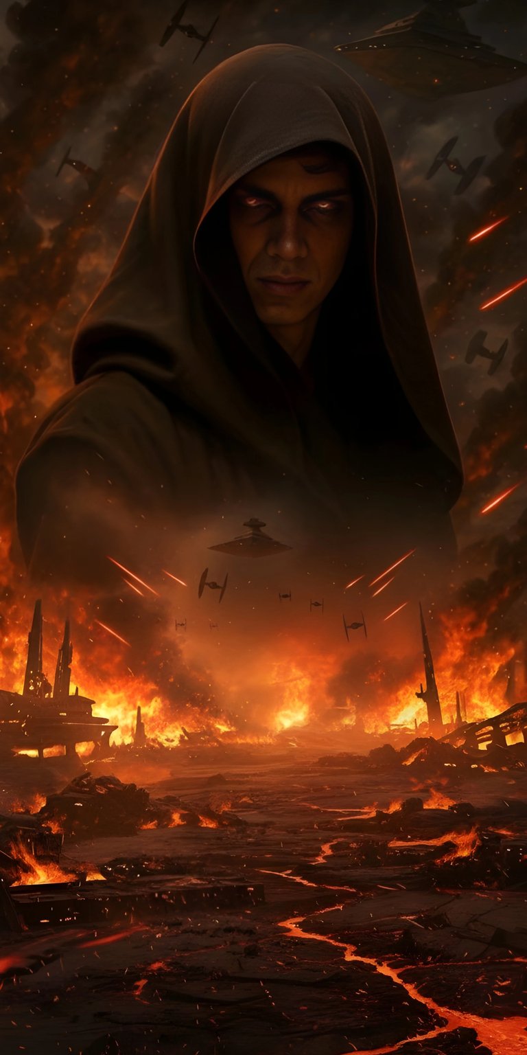 Download this epic Anakin Skywalker 4K wallpaper for your iPhone! This striking wallpaper features Darth Vader's original self with fiery eyes against a hellish landscape of burning structures and starfighters.