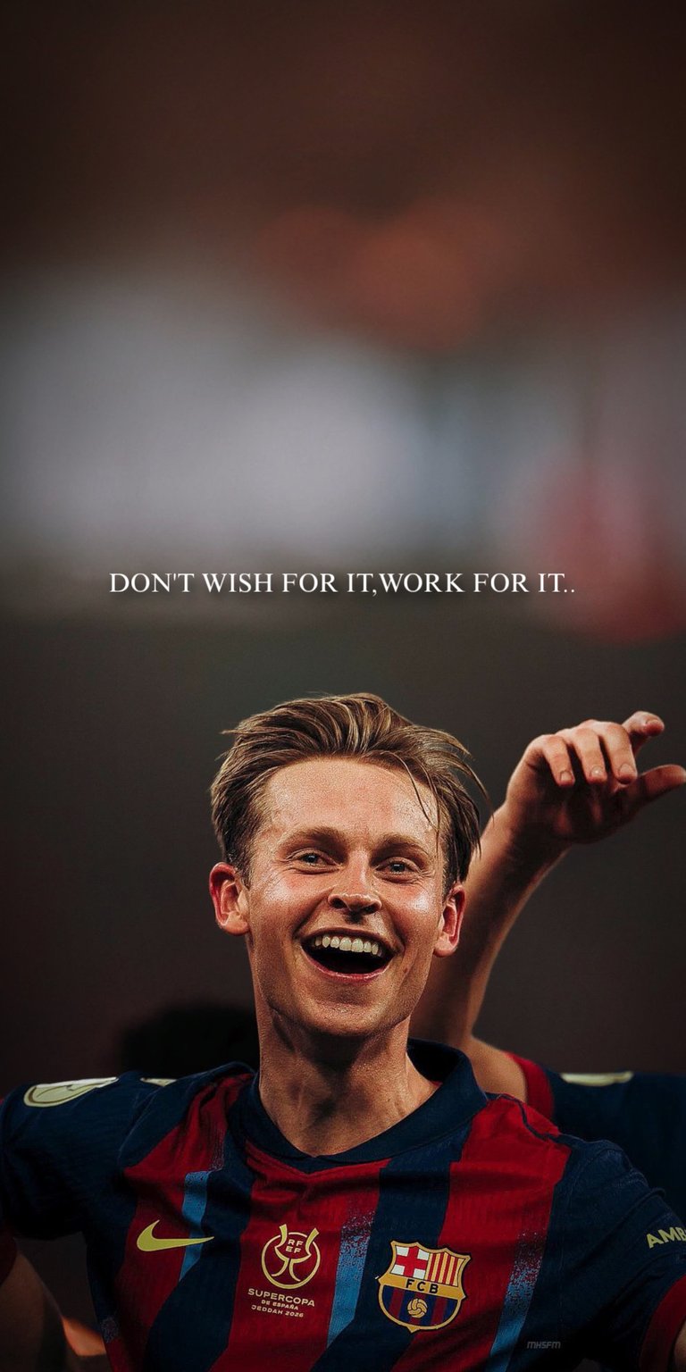 Download this stunning 4K wallpaper featuring Frenkie de Jong in his iconic FC Barcelona kit, designed specifically for your iPhone. This high-resolution wallpaper captures his joyful celebration with sharp detail and an inspiring "Work for it" motivational quote.