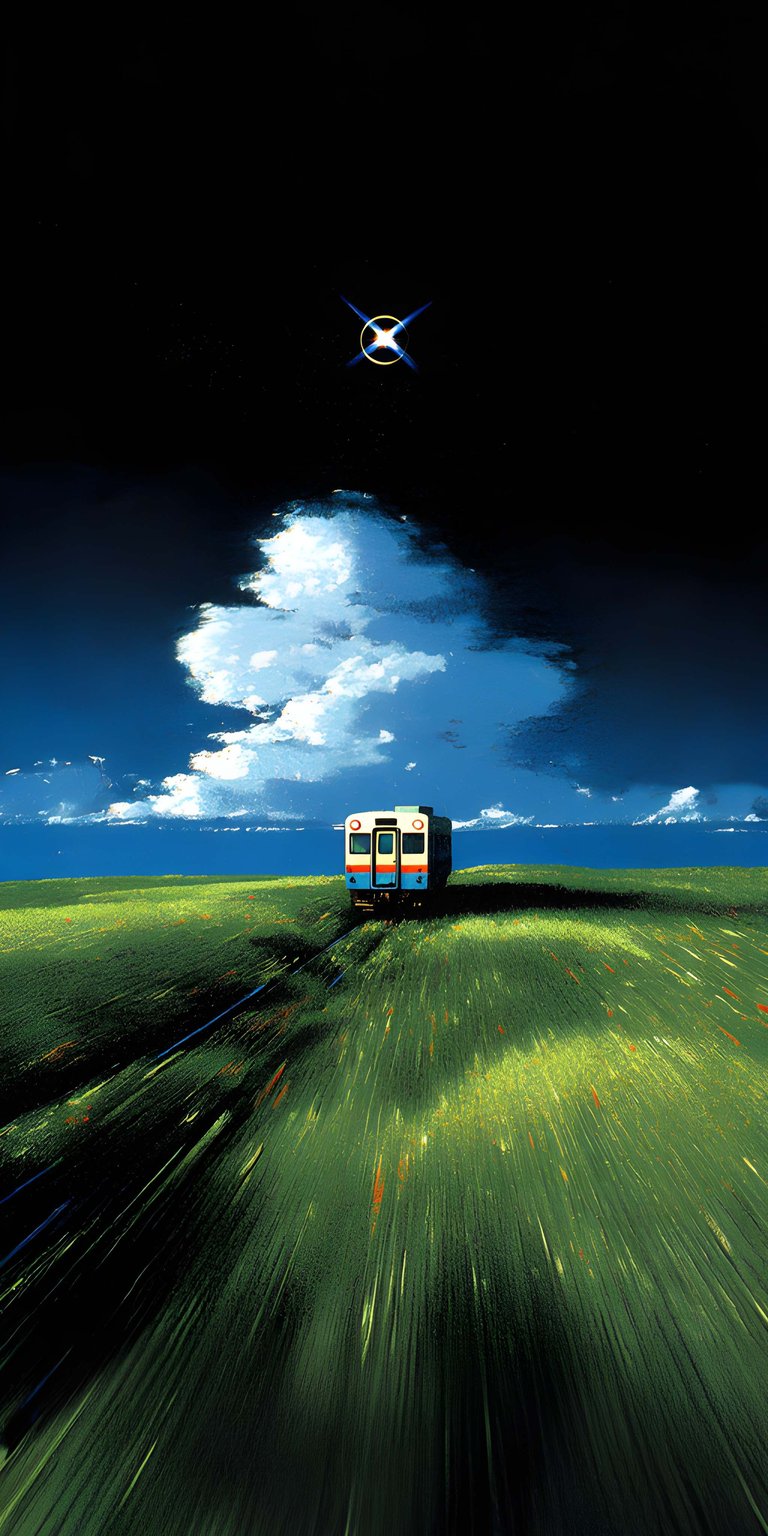 Download this stunning Train Field 4K wallpaper for your iPhone, showcasing a serene green field under a cloudy sky. A lone blue and white train sits in the distance, with a single star gleaming above.