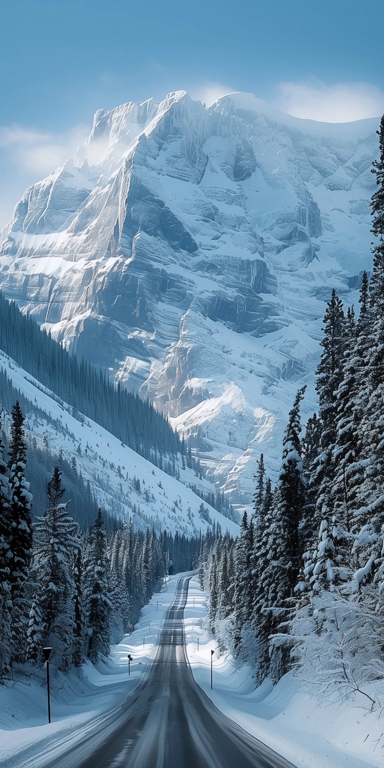 Download this stunning 4K wallpaper for your iPhone, featuring a majestic snow mountain. The snow-covered road winds between tall evergreens, leading to the towering peak.