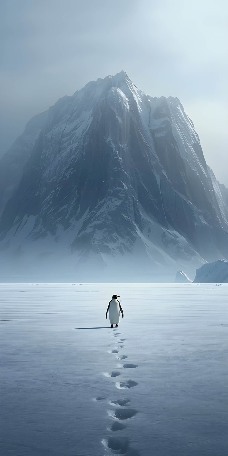 Download this striking penguin 4K wallpaper for your iPhone, showcasing a lone penguin amidst a vast, snowy expanse with a towering mountain backdrop. The wallpaper highlights the clear penguin footprints and the subtle gradient of the sky.