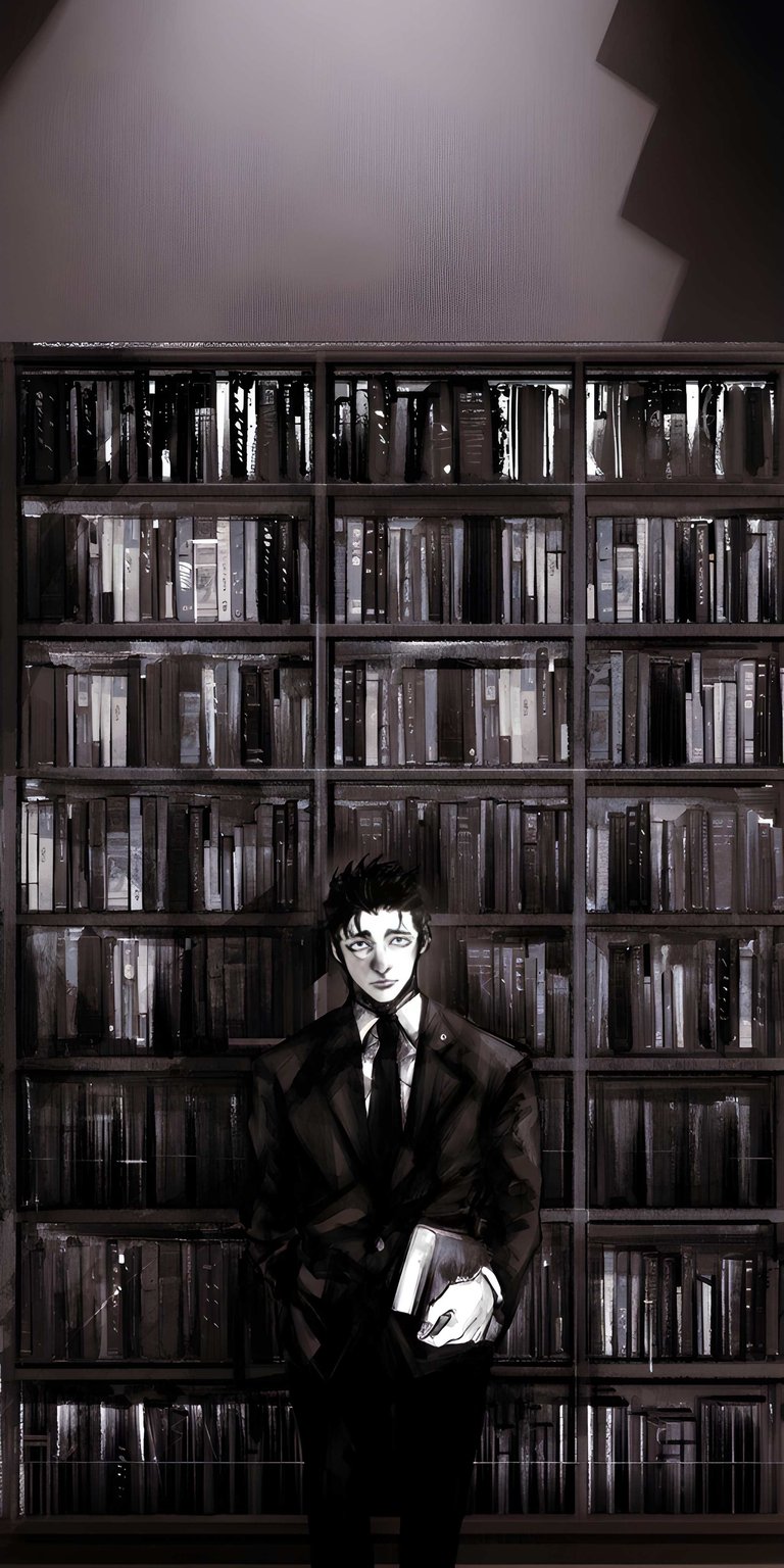 Get this Oppenheimer wallpaper in stunning 4K for your iPhone! Featuring a suit-clad Oppenheimer with piercing eyes standing before a towering bookshelf.