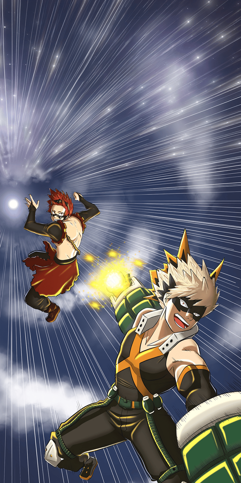 Download this stunning Bakugo and Kirishima 4K wallpaper for your iPhone, showcasing a dynamic anime scene. The wallpaper features Kirishima leaping with red hair and Bakugo's explosive gauntlet against a bright sky of shooting beams.