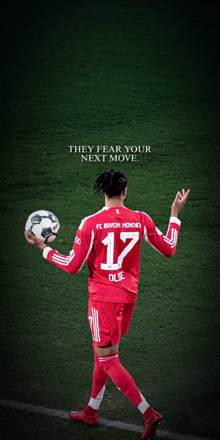 This 4K wallpaper features Michael Olise in his red FC Bayern Munich kit standing on a dark green pitch. Designed as an aesthetic wallpaper for iPhone, it captures a cinematic, high-contrast mood with sharp white typography.