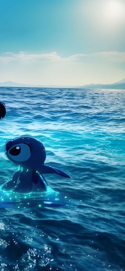 This Lilo and Stitch 4K wallpaper is perfect for your iPhone. It features the two characters surfing in the ocean with bioluminescent glows underwater; download this stunning wallpaper now to complete your collection.