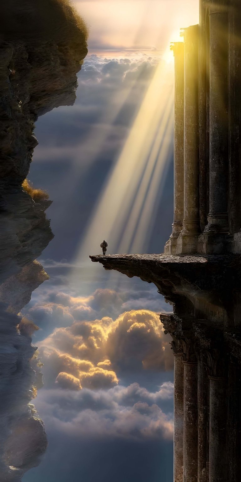 Download this stunning 4K wallpaper featuring a solitary figure on a cliff, illuminated by radiant sunbeams. Perfect for your iPhone, this wallpaper showcases ancient Roman columns, a serene cloudscape, and jagged rock formations.